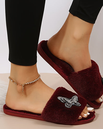Women's Plush Fuzzy Slippers with Butterfly Rhinestone Embellishments - Open-Toe Cozy Indoor House Shoes, Soft Fabric Upper & EVA Sole for Warmth, Spring Home Comfort, Comfortable Slippers, Elegant Slipon, Stylish Footwear, D