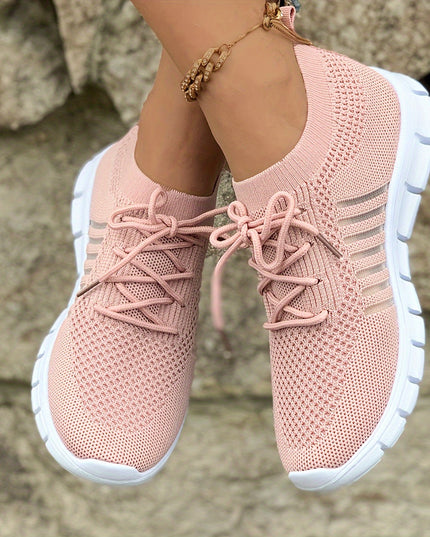 Women's Lightweight Knit Sneakers, Breathable Low-Top Lace-Up Casual Running Footwear, Fabric Upper and PU Cover Sole, Vibrant Color Sneakers, Versatile Running Shoes