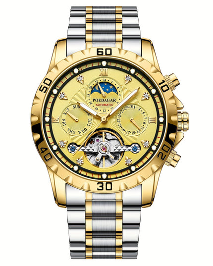 1pc Luxury Men'S Mechanical Watch - Waterproof Multifunctional Business Style Wristwatch with Date, Stopwatch, Calendar Features, Round Alloy Case, Stainless Steel Strap, Self-Winding Movement, Pointer Display - Ideal Gift fo