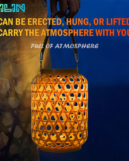 Solar Hanging Lantern Imitation Bamboo Lantern Outdoor Waterproof Plastic Rattan Lantern Courtyard Decoration Garden Light