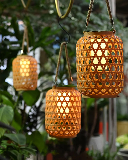 Solar Hanging Lantern Imitation Bamboo Lantern Outdoor Waterproof Plastic Rattan Lantern Courtyard Decoration Garden Light