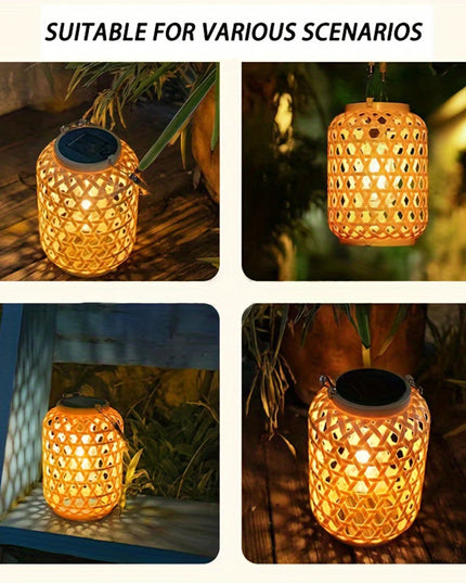 Solar Hanging Lantern Imitation Bamboo Lantern Outdoor Waterproof Plastic Rattan Lantern Courtyard Decoration Garden Light