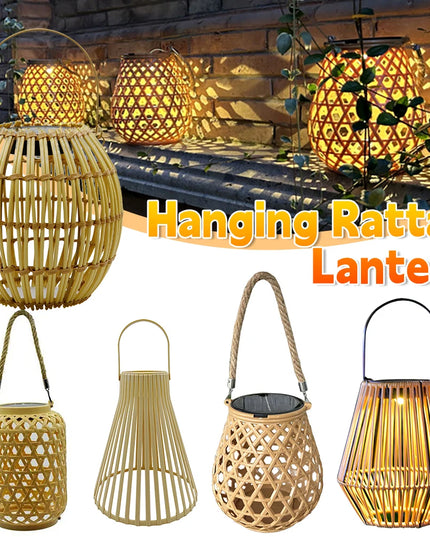 Solar colgante Linterna de ratán Luz solar al aire libre Balcón Lámpara de araña de bambú Atmósfera Lámpara solar tejida Decoración de jardín