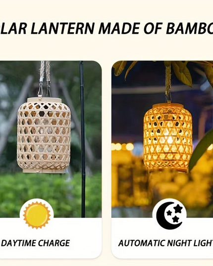 Solar Hanging Lantern Imitation Bamboo Lantern Outdoor Waterproof Plastic Rattan Lantern Courtyard Decoration Garden Light