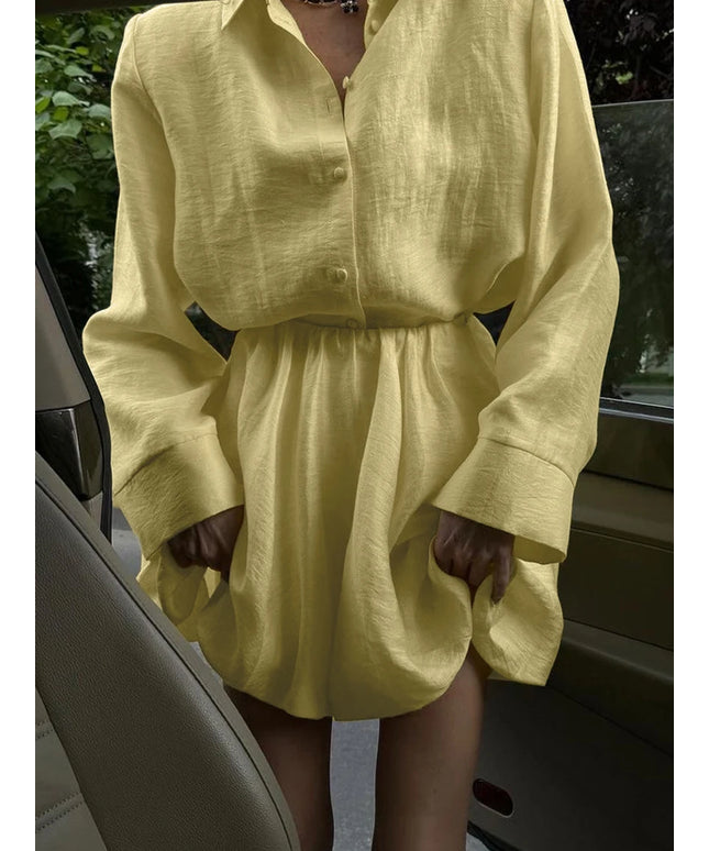 Marthaqiqi Casual Women'S Nightgowns Suit Long Sleeve Nightwear Turn-Down Collar Sleepwear Short Skirt Loose Ladies Pajamas Sets