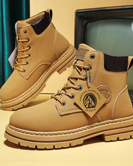 Men Shoes Fashion Motorcycle Boot Waterproof Leather Boots Spring Lace-Up Platform Boot New High Top Boots for Men Botas Hombre