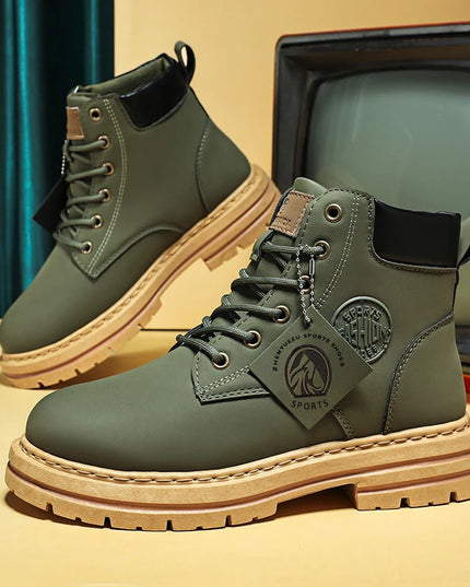 Men Shoes Fashion Motorcycle Boot Waterproof Leather Boots Spring Lace-Up Platform Boot New High Top Boots for Men Botas Hombre