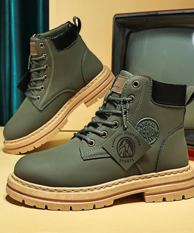 Men Shoes Fashion Motorcycle Boot Waterproof Leather Boots Spring Lace-Up Platform Boot New High Top Boots for Men Botas Hombre