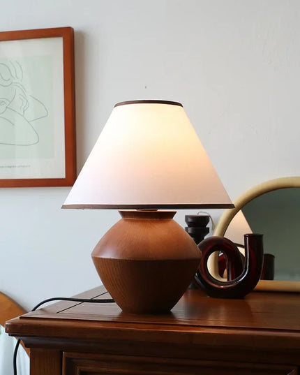 Linen table lamp solid wood log bedroom bedside living room atmosphere lamp homestay retro lamp Korean wabi-sabi style
