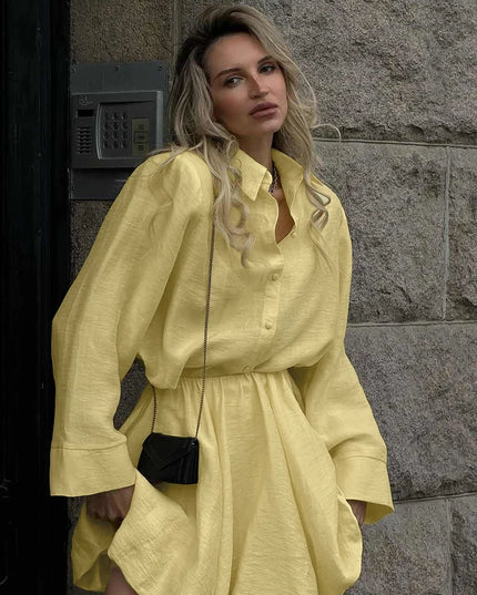 Marthaqiqi Casual Women'S Nightgowns Suit Long Sleeve Nightwear Turn-Down Collar Sleepwear Short Skirt Loose Ladies Pajamas Sets