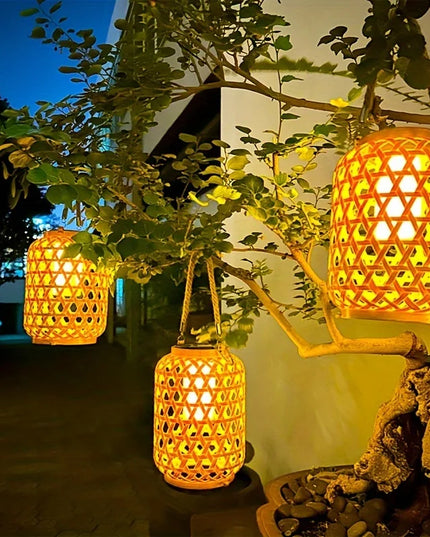 Solar Hanging Lantern Imitation Bamboo Lantern Outdoor Waterproof Plastic Rattan Lantern Courtyard Decoration Garden Light