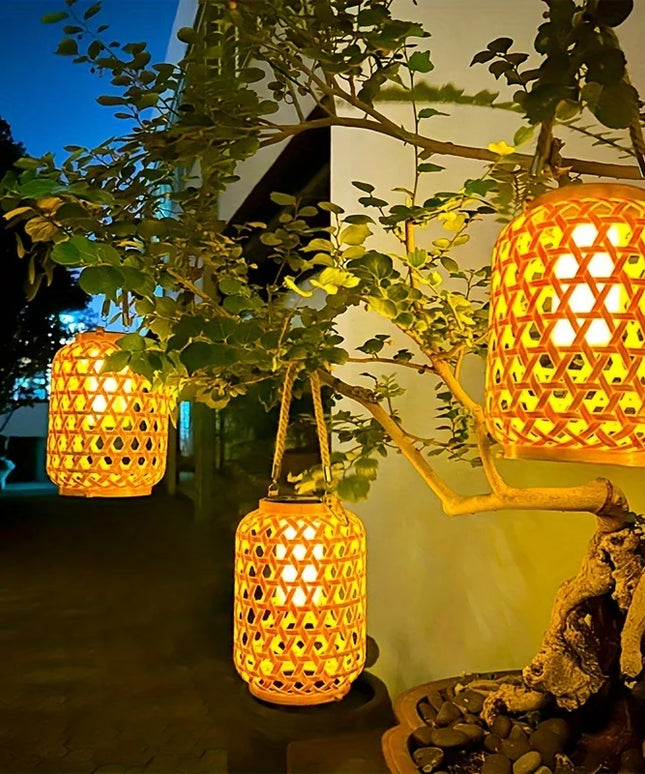 Solar Hanging Lantern Imitation Bamboo Lantern Outdoor Waterproof Plastic Rattan Lantern Courtyard Decoration Garden Light