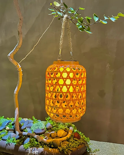 Solar Hanging Lantern Imitation Bamboo Lantern Outdoor Waterproof Plastic Rattan Lantern Courtyard Decoration Garden Light