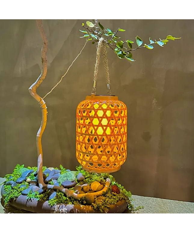 Solar Hanging Lantern Imitation Bamboo Lantern Outdoor Waterproof Plastic Rattan Lantern Courtyard Decoration Garden Light