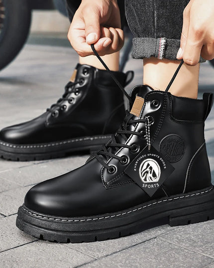 Men Shoes Fashion Motorcycle Boot Waterproof Leather Boots Spring Lace-Up Platform Boot New High Top Boots for Men Botas Hombre