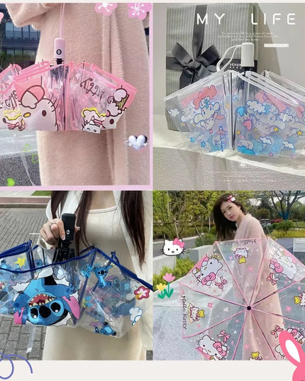 Cartoon Stitch Portable Folding Umbrella Cute Stitch Automatic Transparent Umbrellas Fashion Manual Umbrella Birthday Gift