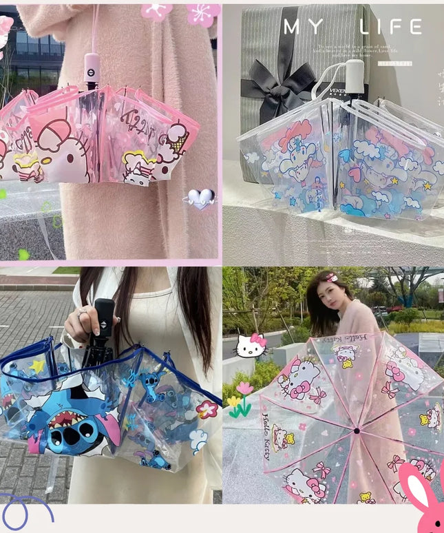 Cartoon Stitch Portable Folding Umbrella Cute Stitch Automatic Transparent Umbrellas Fashion Manual Umbrella Birthday Gift