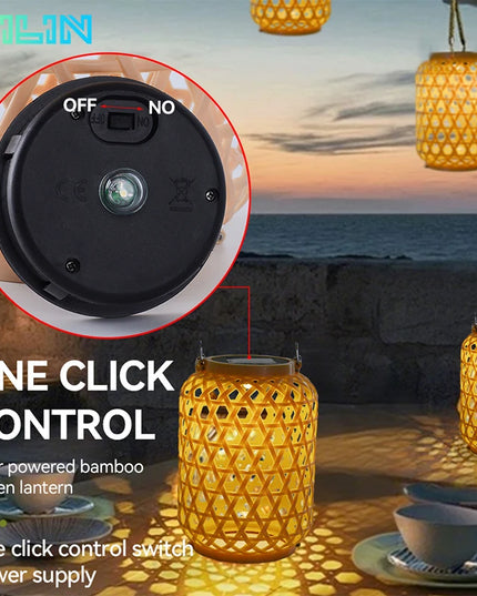 Solar Hanging Lantern Imitation Bamboo Lantern Outdoor Waterproof Plastic Rattan Lantern Courtyard Decoration Garden Light