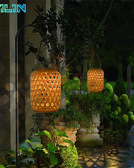 Solar Hanging Lantern Imitation Bamboo Lantern Outdoor Waterproof Plastic Rattan Lantern Courtyard Decoration Garden Light