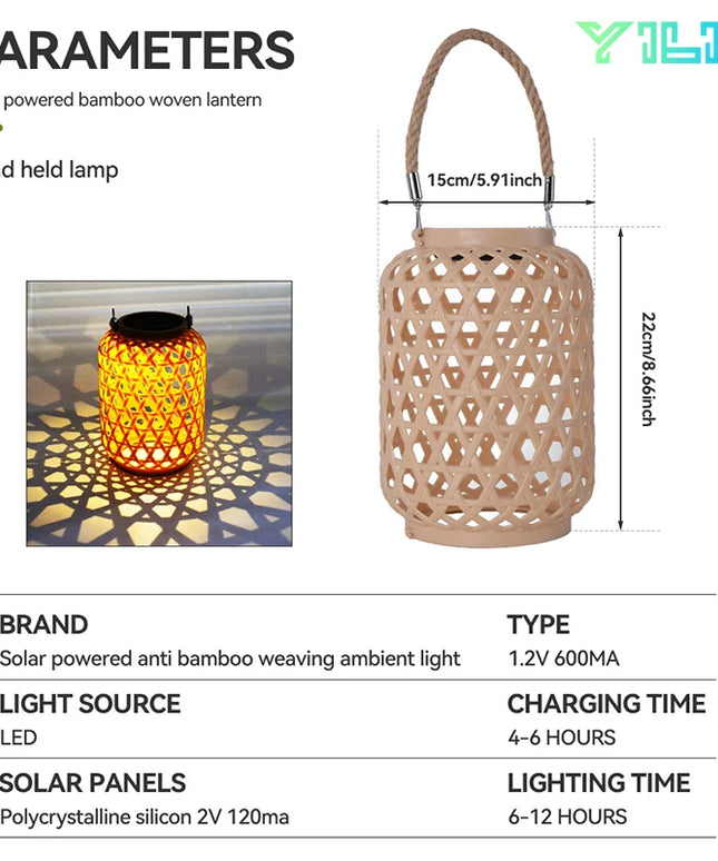 Solar Hanging Lantern Imitation Bamboo Lantern Outdoor Waterproof Plastic Rattan Lantern Courtyard Decoration Garden Light