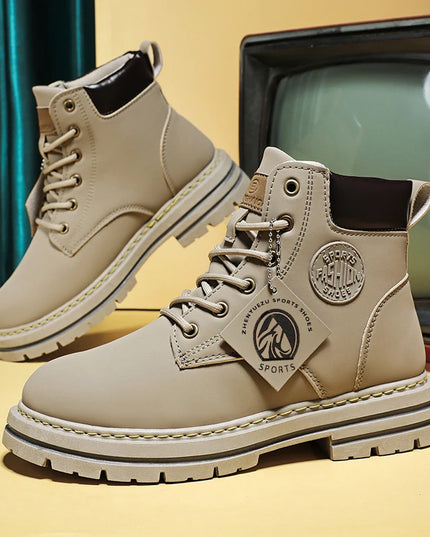 Men Shoes Fashion Motorcycle Boot Waterproof Leather Boots Spring Lace-Up Platform Boot New High Top Boots for Men Botas Hombre