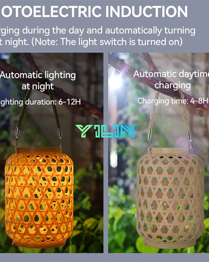 Solar Hanging Lantern Imitation Bamboo Lantern Outdoor Waterproof Plastic Rattan Lantern Courtyard Decoration Garden Light