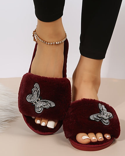 Women's Plush Fuzzy Slippers with Butterfly Rhinestone Embellishments - Open-Toe Cozy Indoor House Shoes, Soft Fabric Upper & EVA Sole for Warmth, Spring Home Comfort, Comfortable Slippers, Elegant Slipon, Stylish Footwear, D