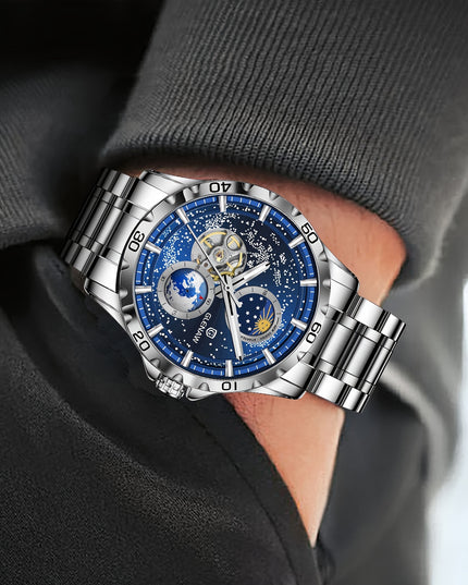 Multifunctional Men's Mechanical Watch Starry Sky Dial Steel Band Stopwatch Sun Moon Star Automatic Men's Watch