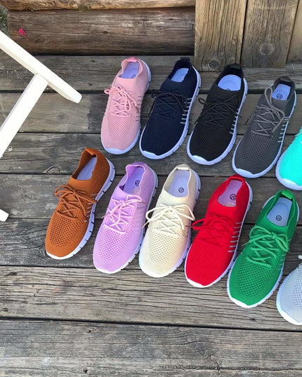 Women's Lightweight Knit Sneakers, Breathable Low-Top Lace-Up Casual Running Footwear, Fabric Upper and PU Cover Sole, Vibrant Color Sneakers, Versatile Running Shoes