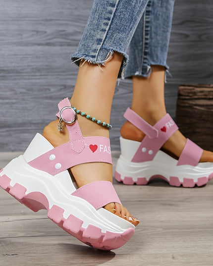 Casual Elegance Open-Toe Wedge Sandals, Solid Color with Strappy Back & Metal Buckle, Comfortable Platform Heel Fashion Footwear for Women