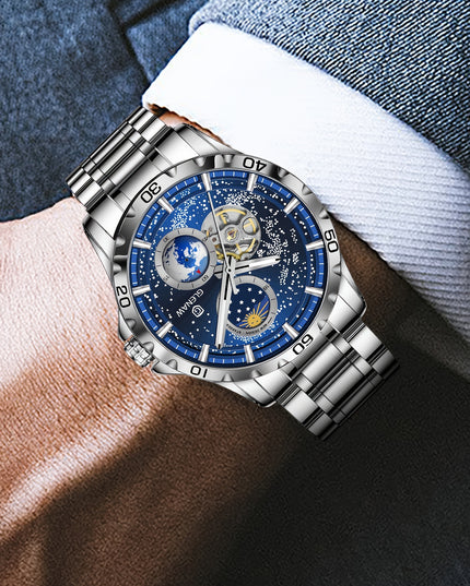 Multifunctional Men's Mechanical Watch Starry Sky Dial Steel Band Stopwatch Sun Moon Star Automatic Men's Watch