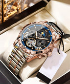 Rose Golden Black Dial Blue Ring Steel Band