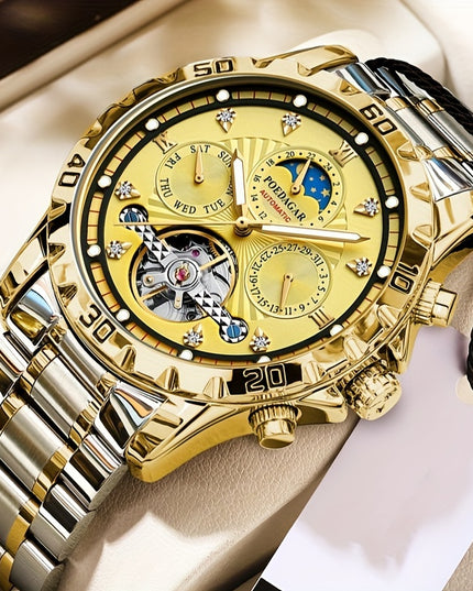 1pc Luxury Men'S Mechanical Watch - Waterproof Multifunctional Business Style Wristwatch with Date, Stopwatch, Calendar Features, Round Alloy Case, Stainless Steel Strap, Self-Winding Movement, Pointer Display - Ideal Gift fo