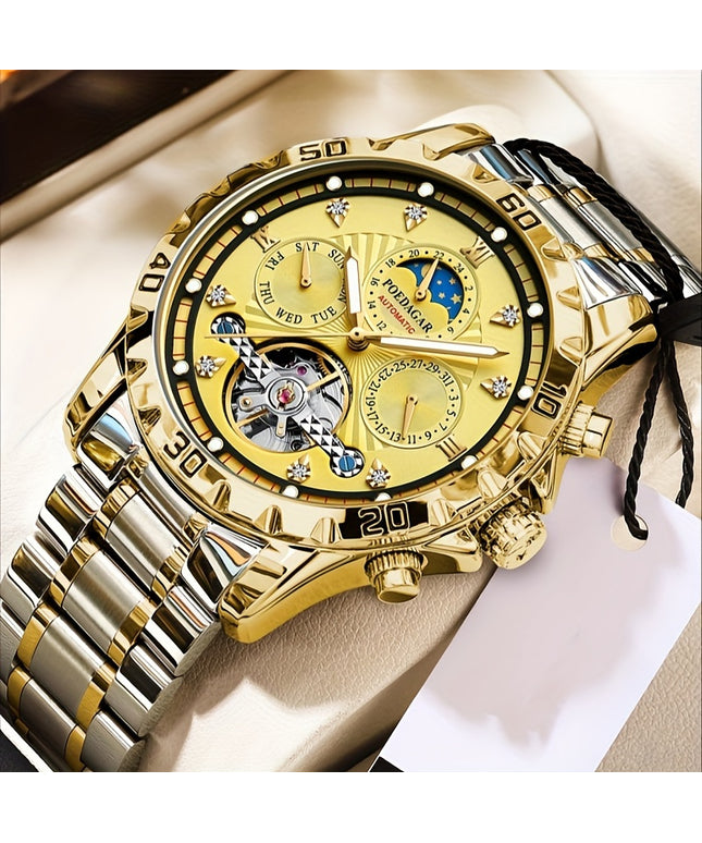 1pc Luxury Men'S Mechanical Watch - Waterproof Multifunctional Business Style Wristwatch with Date, Stopwatch, Calendar Features, Round Alloy Case, Stainless Steel Strap, Self-Winding Movement, Pointer Display - Ideal Gift fo