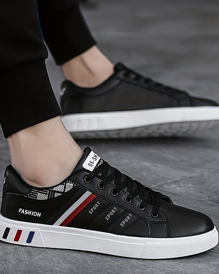 Men's Trendy Stripe Design Skate Shoes With PU Leather Uppers, Wear-resistant Non Slip Lace-up Shoes For Outdoor Casual, Men's Street Footwear