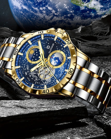 Multifunctional Men's Mechanical Watch Starry Sky Dial Steel Band Stopwatch Sun Moon Star Automatic Men's Watch