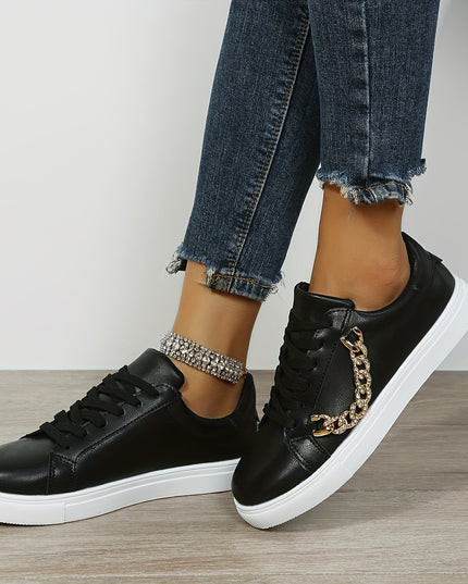 Women's Low-Top White Sneakers with Golden-Tone Chain Accents - Upper, Breathable Mesh Lining & TPR Sole - All-Season Casual Shoes for Casual Attire, Ladies Sneakers, Versatile Footwear, Trendy Footwear, Comfortable Fit, Urba