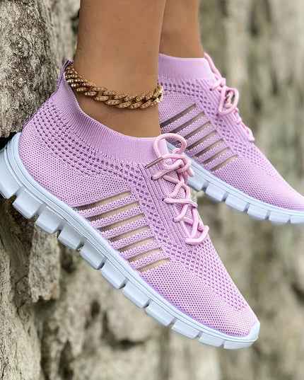 Women's Lightweight Knit Sneakers, Breathable Low-Top Lace-Up Casual Running Footwear, Fabric Upper and PU Cover Sole, Vibrant Color Sneakers, Versatile Running Shoes
