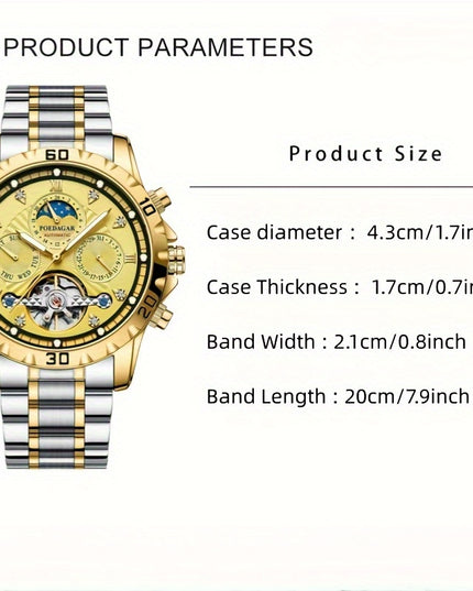 1pc Luxury Men'S Mechanical Watch - Waterproof Multifunctional Business Style Wristwatch with Date, Stopwatch, Calendar Features, Round Alloy Case, Stainless Steel Strap, Self-Winding Movement, Pointer Display - Ideal Gift fo