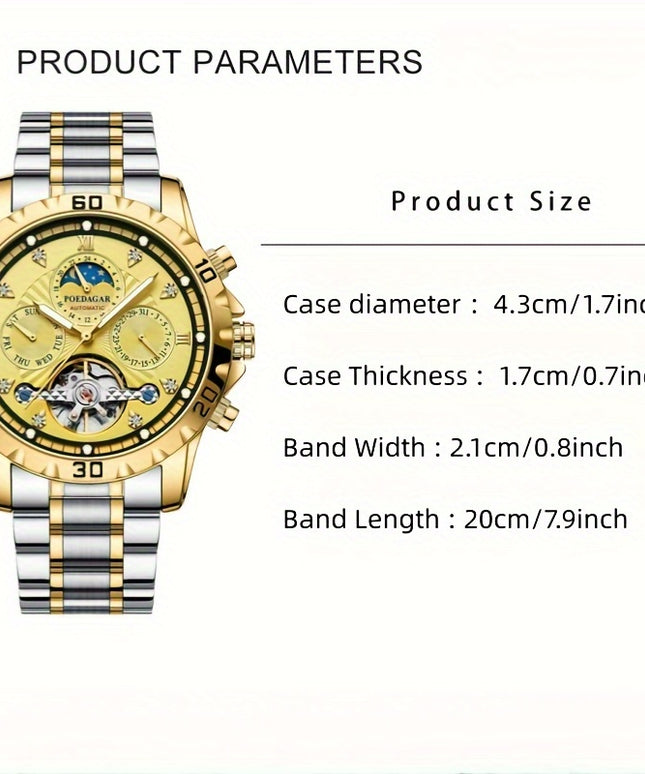1pc Luxury Men'S Mechanical Watch - Waterproof Multifunctional Business Style Wristwatch with Date, Stopwatch, Calendar Features, Round Alloy Case, Stainless Steel Strap, Self-Winding Movement, Pointer Display - Ideal Gift fo