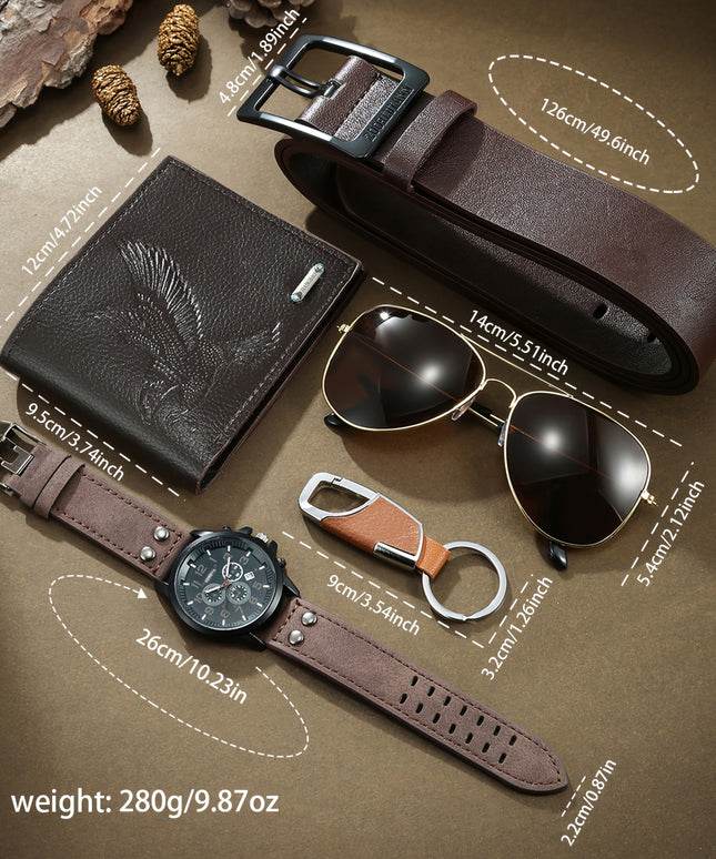 5 piezas/juego, reloj de cuarzo casual de moda para hombre, cinturón, cartera, gafas y llavero