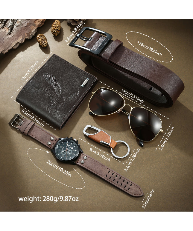 5pcs/set, Men's Fashion Casual Quartz Watch & Belt & Wallet & Glasses & Keychain