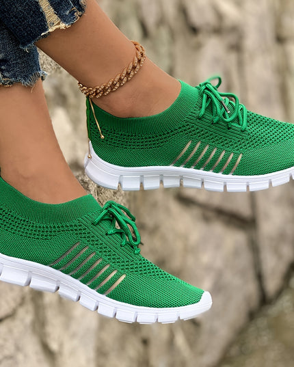 Women's Lightweight Knit Sneakers, Breathable Low-Top Lace-Up Casual Running Footwear, Fabric Upper and PU Cover Sole, Vibrant Color Sneakers, Versatile Running Shoes