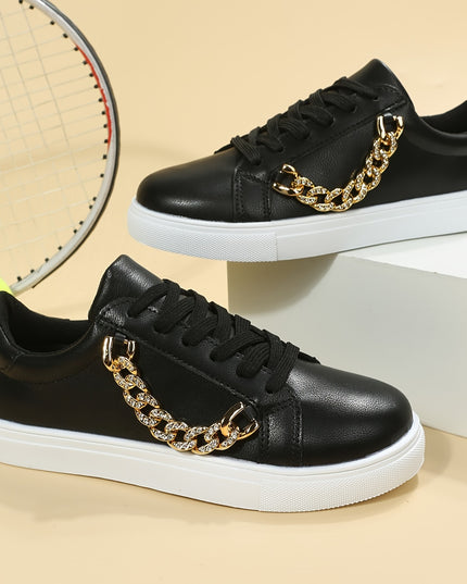 Women's Low-Top White Sneakers with Golden-Tone Chain Accents - Upper, Breathable Mesh Lining & TPR Sole - All-Season Casual Shoes for Casual Attire, Ladies Sneakers, Versatile Footwear, Trendy Footwear, Comfortable Fit, Urba