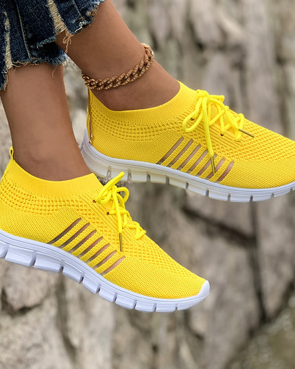 Women's Lightweight Knit Sneakers, Breathable Low-Top Lace-Up Casual Running Footwear, Fabric Upper and PU Cover Sole, Vibrant Color Sneakers, Versatile Running Shoes