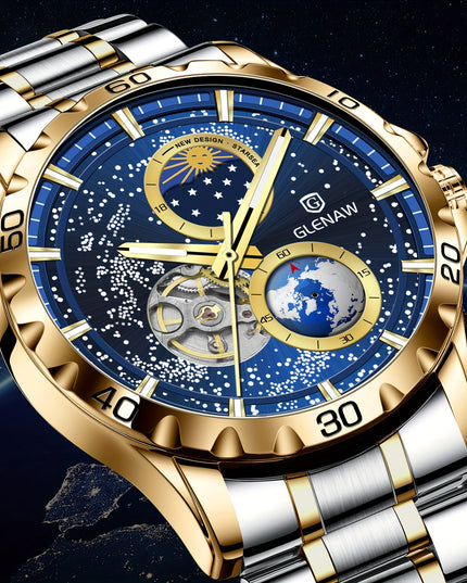 Multifunctional Men's Mechanical Watch Starry Sky Dial Steel Band Stopwatch Sun Moon Star Automatic Men's Watch