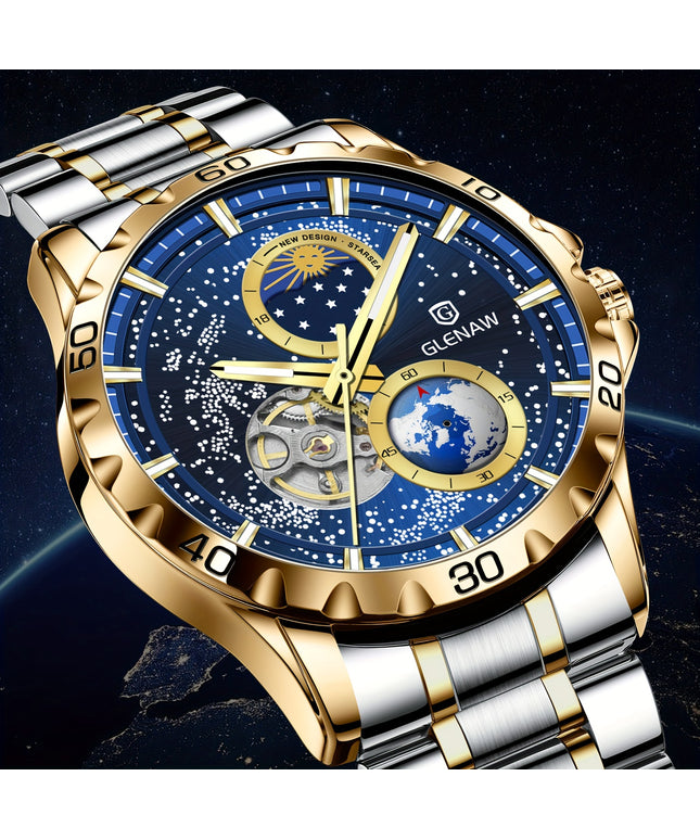 Multifunctional Men's Mechanical Watch Starry Sky Dial Steel Band Stopwatch Sun Moon Star Automatic Men's Watch