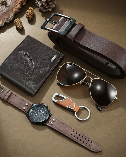 5pcs/set, Men's Fashion Casual Quartz Watch & Belt & Wallet & Glasses & Keychain