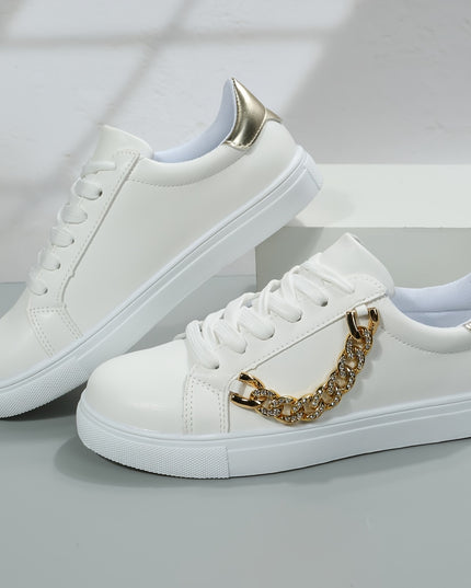 Women's Low-Top White Sneakers with Golden-Tone Chain Accents - Upper, Breathable Mesh Lining & TPR Sole - All-Season Casual Shoes for Casual Attire, Ladies Sneakers, Versatile Footwear, Trendy Footwear, Comfortable Fit, Urba