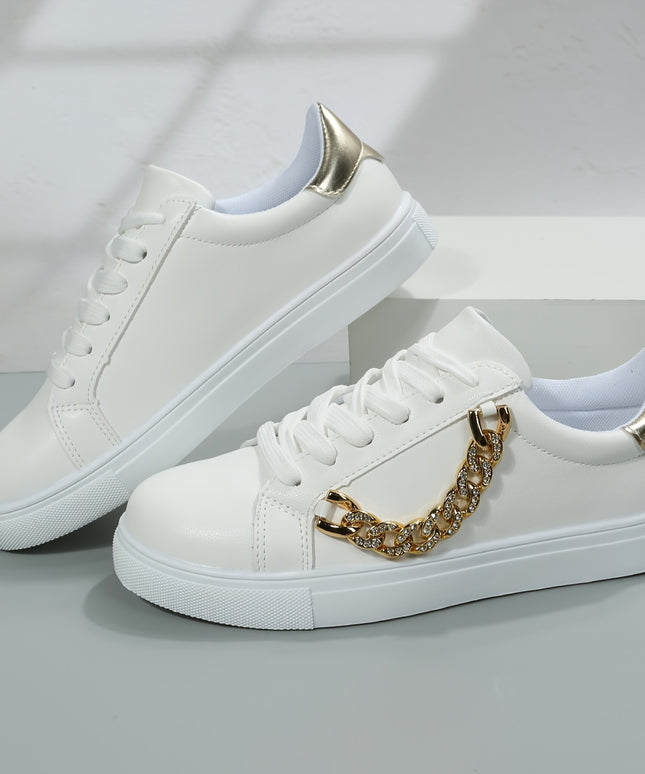 Women's Low-Top White Sneakers with Golden-Tone Chain Accents - Upper, Breathable Mesh Lining & TPR Sole - All-Season Casual Shoes for Casual Attire, Ladies Sneakers, Versatile Footwear, Trendy Footwear, Comfortable Fit, Urba